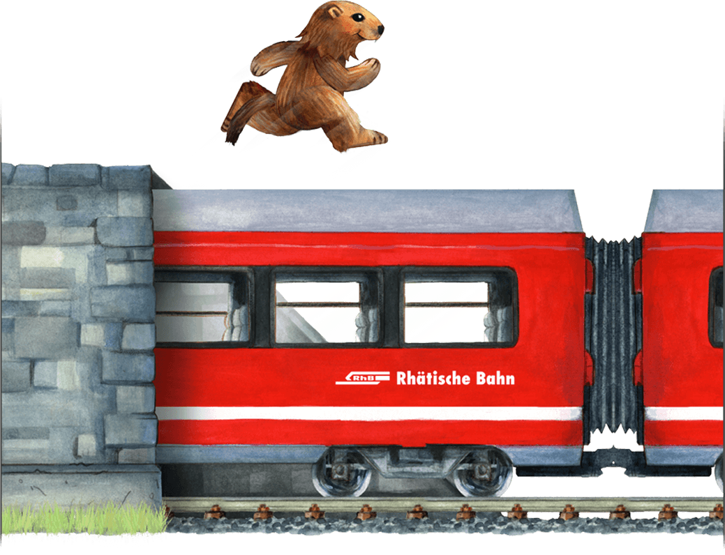Von der einen Familienregion zur nächsten mit der RhB rennt Madlaina auf einem roten Zug