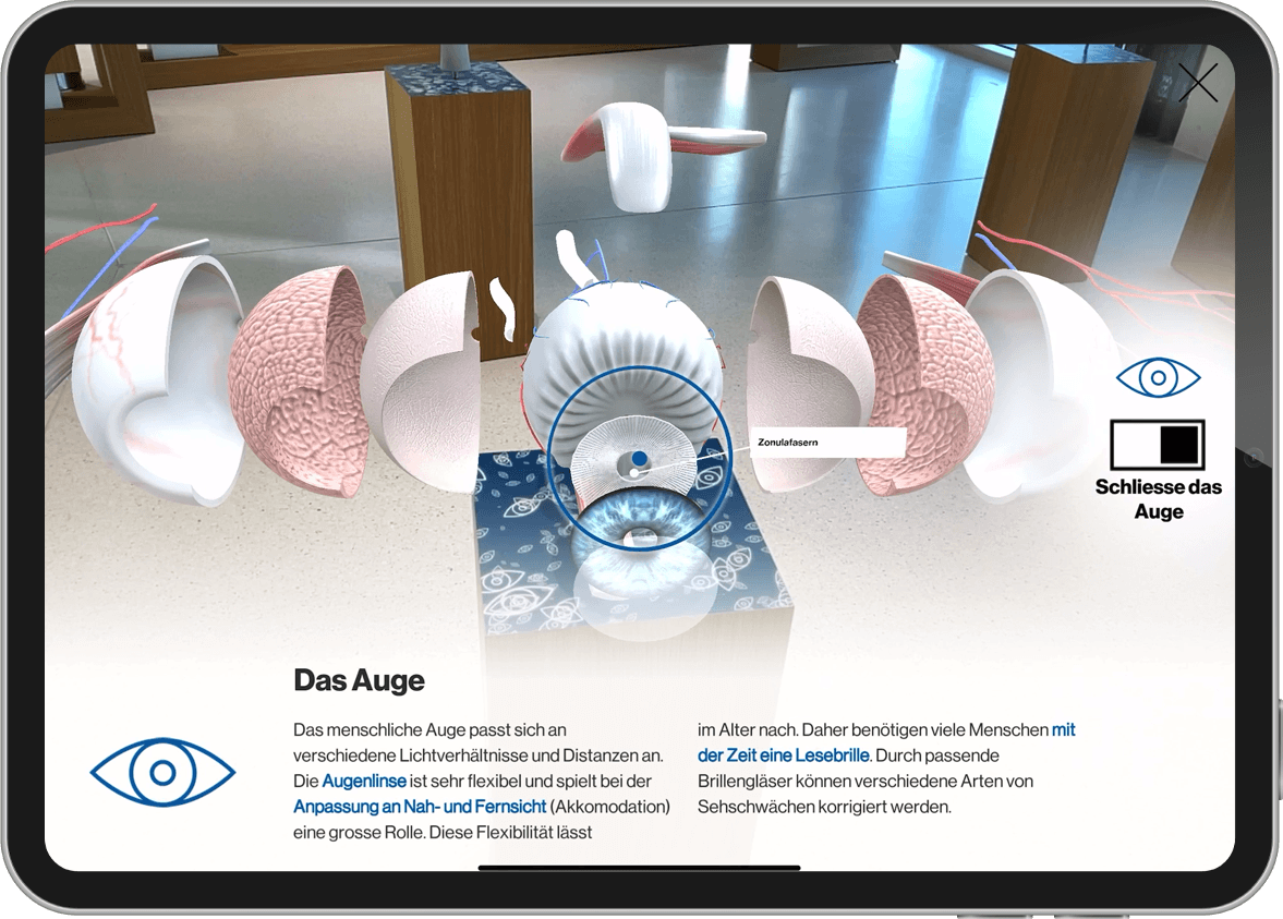 Das Auge lässt sich im Raum dank Augmented Reality auf über einen Meter hinweg in Einzelteile zerlegen und 360° betrachten