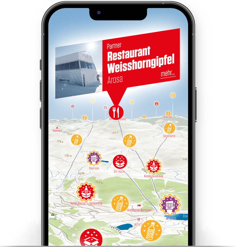Restaurant Weisshorngipfel in Arosa als Interaktionspunkt auf der custom 3D-Karte. Wer gewinnt, löst direkt dort den Preis ein