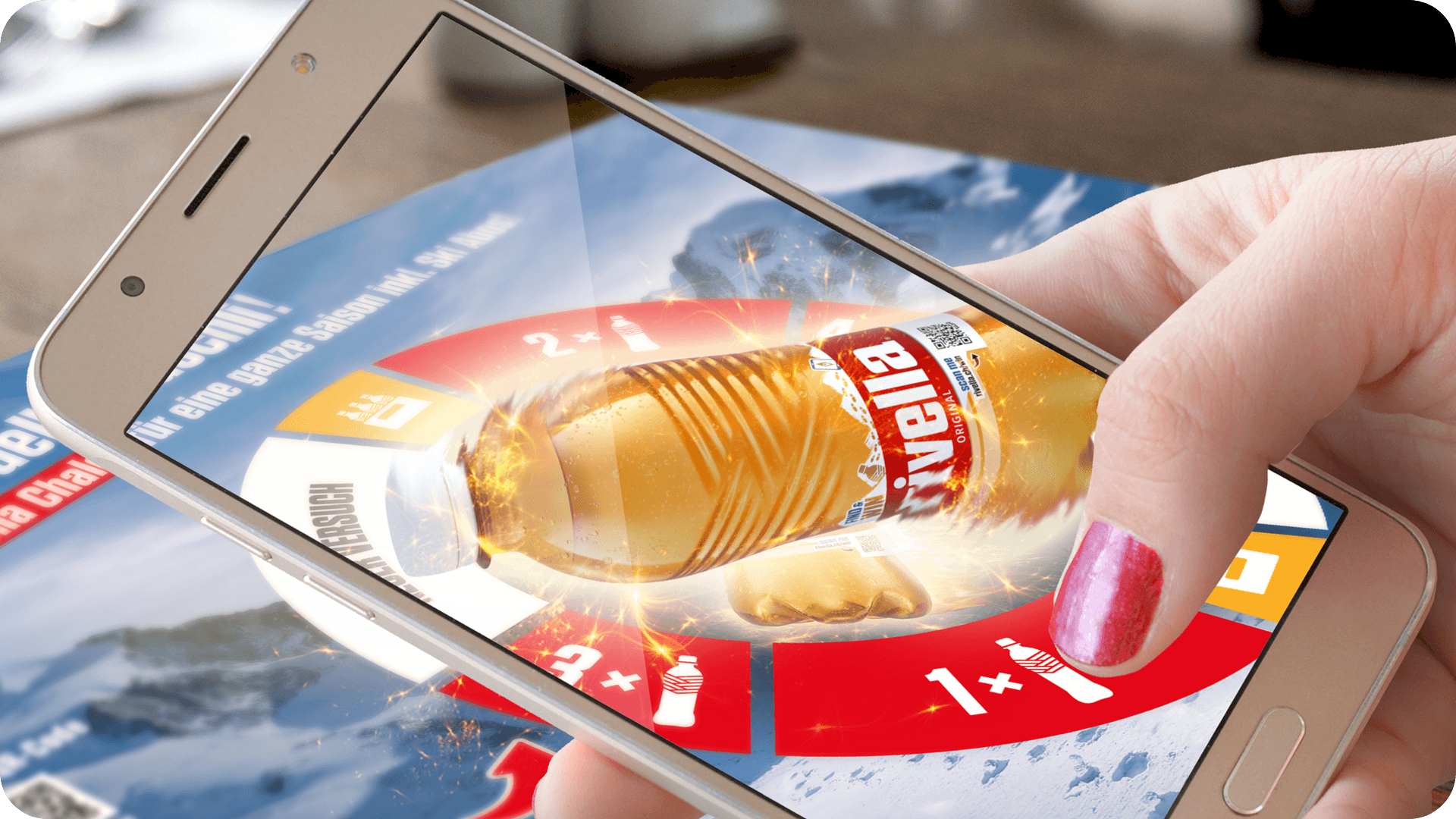 Augmented Reality Rivella Flasche platziert auf dem Tischset im Restaurant. Flasche drehen und Punkte sammeln
