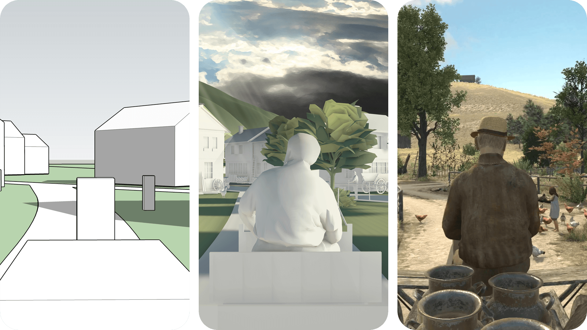 Dreistufiges Vorgehen: zuest weisse Blöcke in 3D, dann mit vereinfachtem Design und am Schluss für VR komplett texturiert